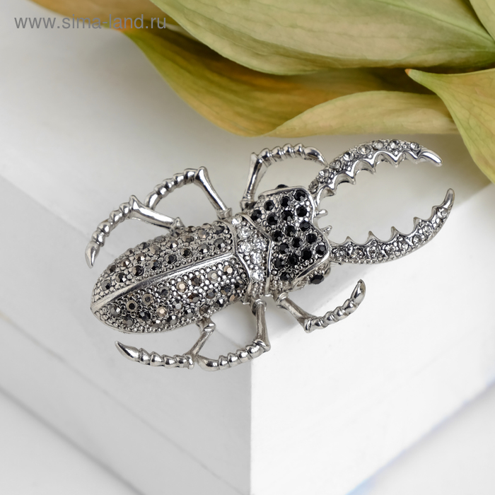Брошь «Жук» олень, цвет чёрный в серебре - Фото 1