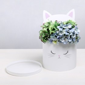 Коробка шляпная для цветов с доп. элементом «Белый котик», 22 × 22 см