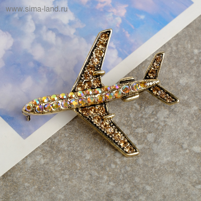 Брошь «Самолёт» на взлёт, цвет радужно-золотистый в чернёном золоте - Фото 1