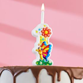 Свеча для торта "С Бабочкой", 12 см, разноцветная цифра "1"