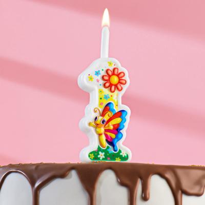 Свеча для торта "С Бабочкой", 10,2 см, разноцветная цифра "1"
