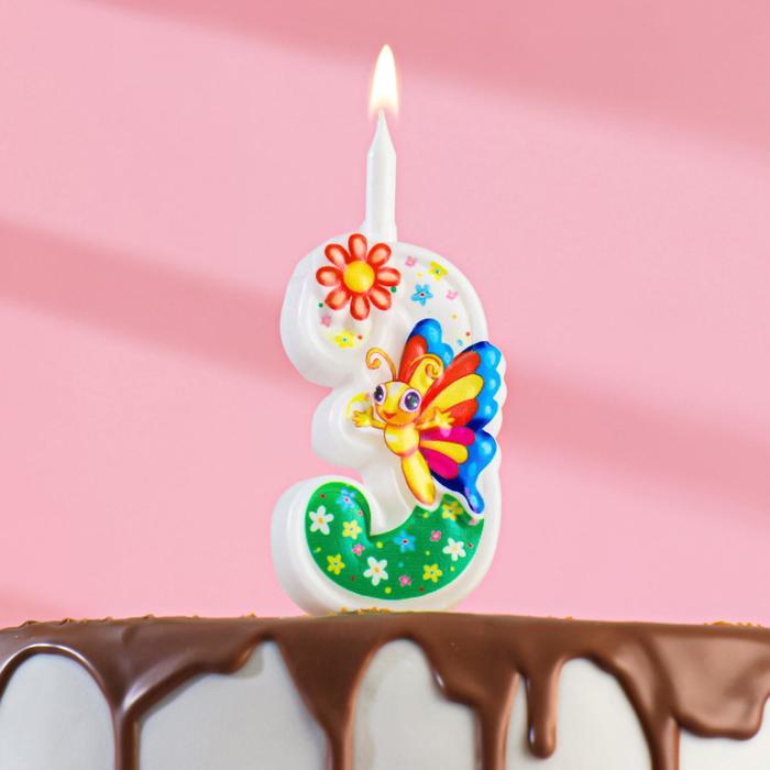 Свеча для торта "С Бабочкой", 10,2 см, разноцветная цифра "3" - Фото 1