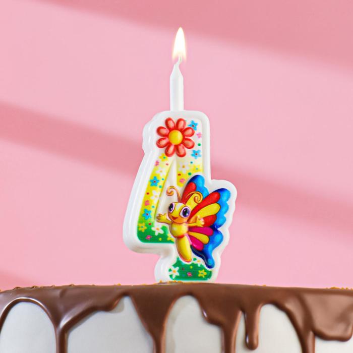 Свеча для торта "С Бабочкой", 10,2 см, разноцветная цифра "4" - Фото 1