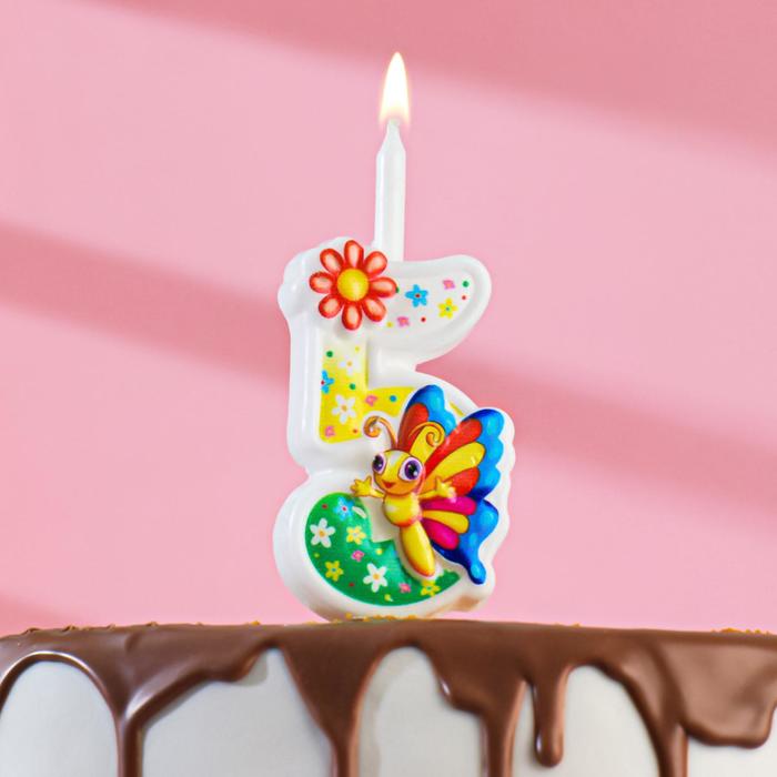 Свеча для торта "С Бабочкой", 10,2 см, разноцветная цифра "5" - Фото 1
