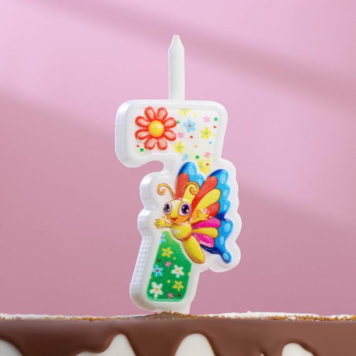 Свеча для торта "С Бабочкой", 10,2 см, разноцветная цифра "7" - Фото 1