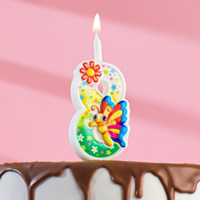 Свеча для торта "С Бабочкой", 10,2 см, разноцветная цифра "8" - Фото 1
