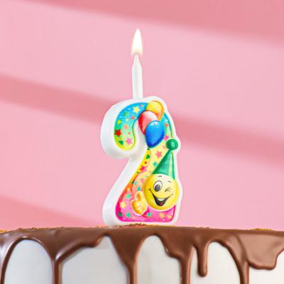 Свеча для торта "Смайлик с шарами", 9,9 см, цифра "2"