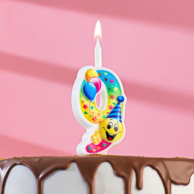 Свеча для торта "Смайлик с шарами", 9,9 см, цифра "9"