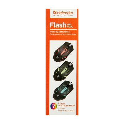 Мышь Defender Flash MB-600L, проводная, оптическая, подсветка, 4 кнопки, 1200 dpi, чёрная