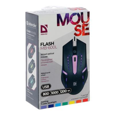 Мышь Defender Flash MB-600L, проводная, оптическая, подсветка, 4 кнопки, 1200 dpi, чёрная