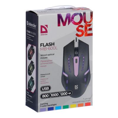 Мышь Defender Flash MB-600L, проводная, оптическая, подсветка, 4 кнопки, 1200 dpi, чёрная