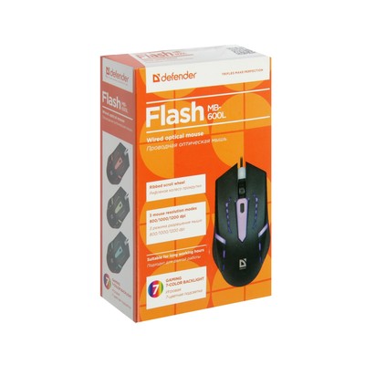 Мышь Defender Flash MB-600L, проводная, оптическая, подсветка, 4 кнопки, 1200 dpi, чёрная