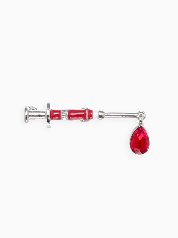 Брошь «Шприц» медицинский, красная в серебре - Фото 1