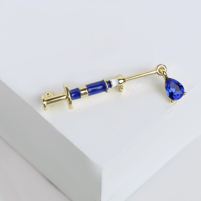 Брошь «Шприц» медицинский, синяя в золоте