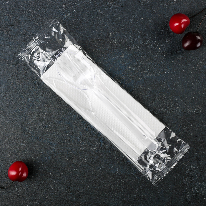 Набор одноразовых приборов «Премиум», 4 в 1, вилка, ложка, нож, салфетка белая, цвет прозрачный - фото 1885026747