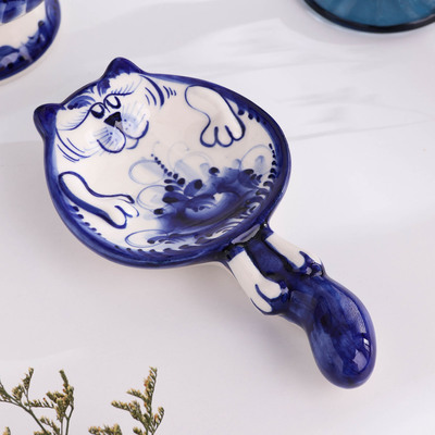 Подложка гжель «Кот», бело-синий,керамика,