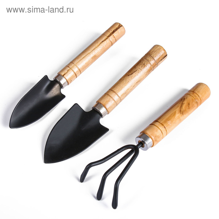 УЦЕНКА Набор садового инструмента, 3 предмета: рыхлитель, 2 совка, длина 20 см, деревянные МИКС ручки - Фото 1