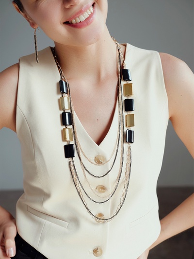 Набор 2 предмета: серьги, бусы «Унисон» прямоугольники, чёрный в золоте, 80 см