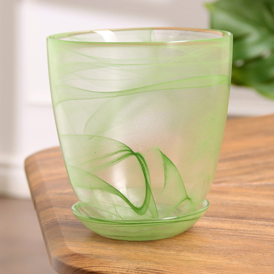 Горшок для орхидей «Гармония», стеклянный, с поддоном, 1.55 л, прозрачный с зелёным рисунком