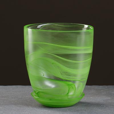 Горшок для орхидей «Гармония», стеклянный, с поддоном, 2 л, прозрачный с зелёным рисунком