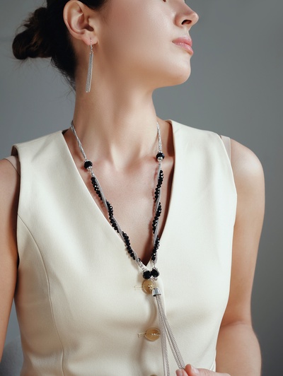 Набор 2 предмета: серьги, бусы «Унисон» накрученность, чёрный в серебре, 60 см