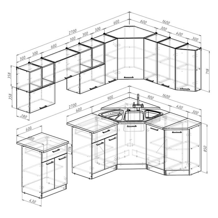 Модульный кухонный гарнитур Лариса оптима 5, 2700х1600 мм - фото 1905653577