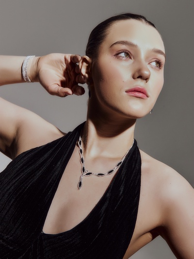 Набор 2 предмета: серьги, колье «Листопад», ромб, чёрно-белый в серебре, 45 см