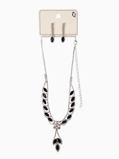 Набор 2 предмета: серьги, колье «Листопад», ромб, чёрно-белый в серебре, 45 см