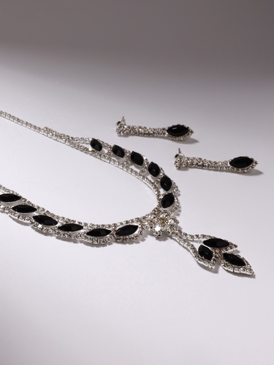 Набор 2 предмета: серьги, колье «Листопад», ромб, чёрно-белый в серебре, 45 см