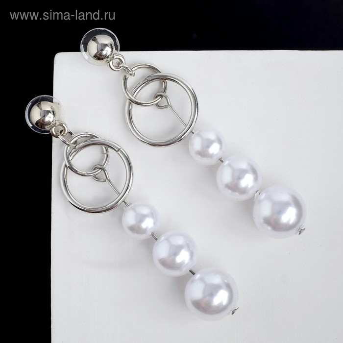 Серьги с жемчугом «Аврора» дорожка на двух кольцах, цвет белый в серебре - Фото 1