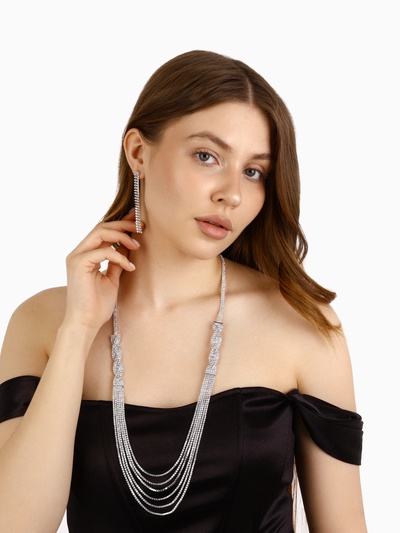 Набор 2 предмета: серьги, колье «Лёд» косичка, 80см, цвет белый в серебре, 80см