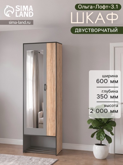 Шкаф прямой двухстворчатый «Ольга-Лофт-3.1», с зеркалом, 600×350×2000 мм, цвет дуб крафт золотой/тёмно-серый/чёрный