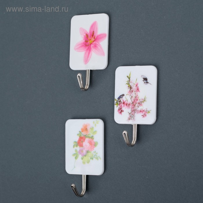 Крючок на липучке «Цветочек», 3 шт, цвет МИКС - Фото 1