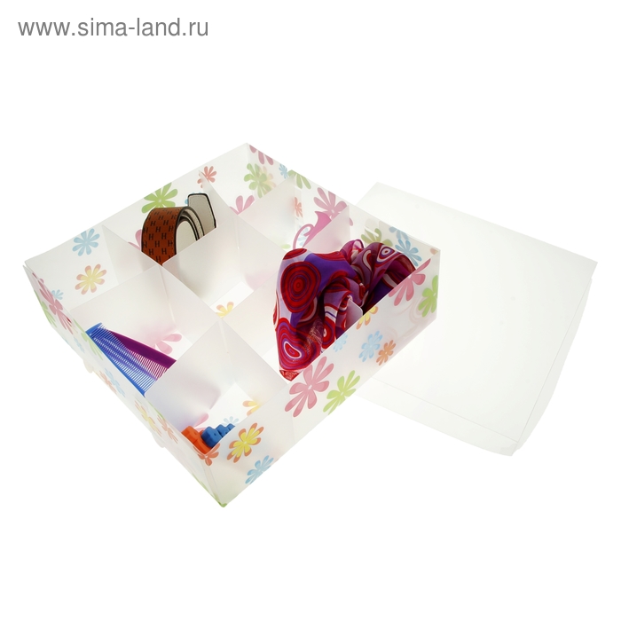 Короб для хранения 9 ячеек с крышкой 30х30х10 см "Цветы" цвет белый - Фото 1