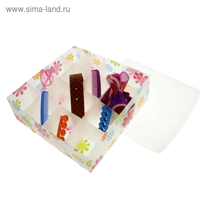 Короб для хранения 16 ячеек с крышкой 30х30х10 см "Цветы" цвет белый - Фото 1