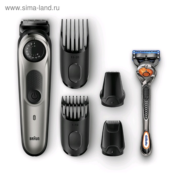 Триммер Braun BT7020, для бороды и усов, 4 насадки, от аккум., +бритва Gillette, серый - Фото 1