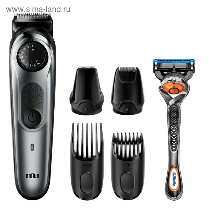 Триммер Braun BT7220, для бороды и усов, 4 насадки, от аккум., +бритва Gillette, серый