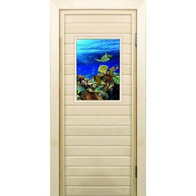 Дверь для бани со стеклом (40*60), "Морской мир", 180×70см, коробка из осины