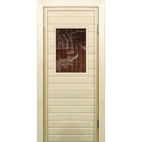 Дверь для бани со стеклом (40*60), "Банька у реки-1", бронза, 190×70см, коробка из осины