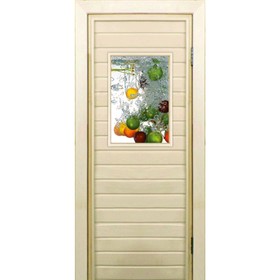 Дверь для бани со стеклом (40*60), "Фрукты", 190×70см, коробка из осины