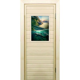 Дверь для бани со стеклом (40*60), "Дельфины", 190×70см, коробка из осины