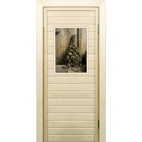 Дверь для бани со стеклом (40*60), "Веник в бане-2", 170×70см, коробка из осины