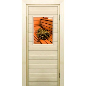 Дверь для бани со стеклом (40*60), 'Веник на полке', 170x70см, коробка из осины