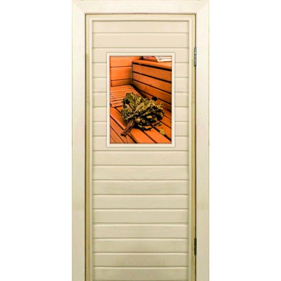 Дверь для бани со стеклом (40*60), "Веник на полке", 190×70см, коробка из осины