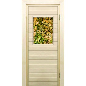 Дверь для бани со стеклом (40*60), "Веники для бани", 170×70см, коробка из осины