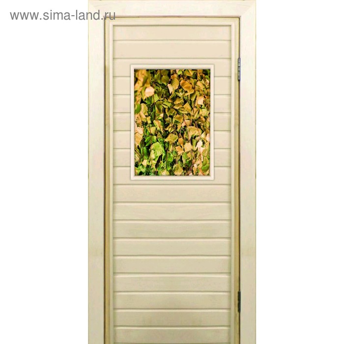 Дверь для бани со стеклом (40*60), "Веники для бани", 170×70см, коробка из осины - Фото 1