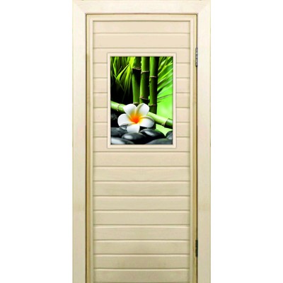 Дверь для бани со стеклом (40*60), "Цветы и бамбук", 170×70см, коробка из осины