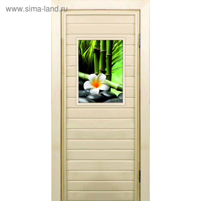 Дверь для бани со стеклом (40*60), "Цветы и бамбук", 170×70см, коробка из осины - Фото 1