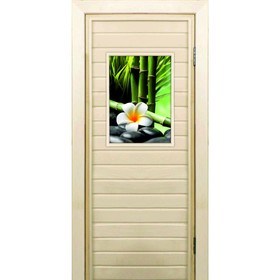 Дверь для бани со стеклом (40*60), "Цветы и бамбук", 190×70см, коробка из осины