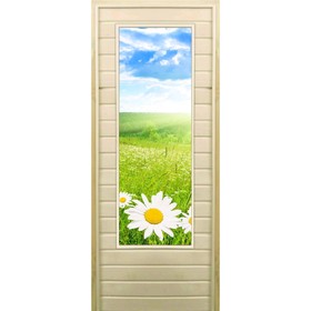 Дверь для бани со стеклом (43*129), "Ромашки", 180×70см, коробка из осины